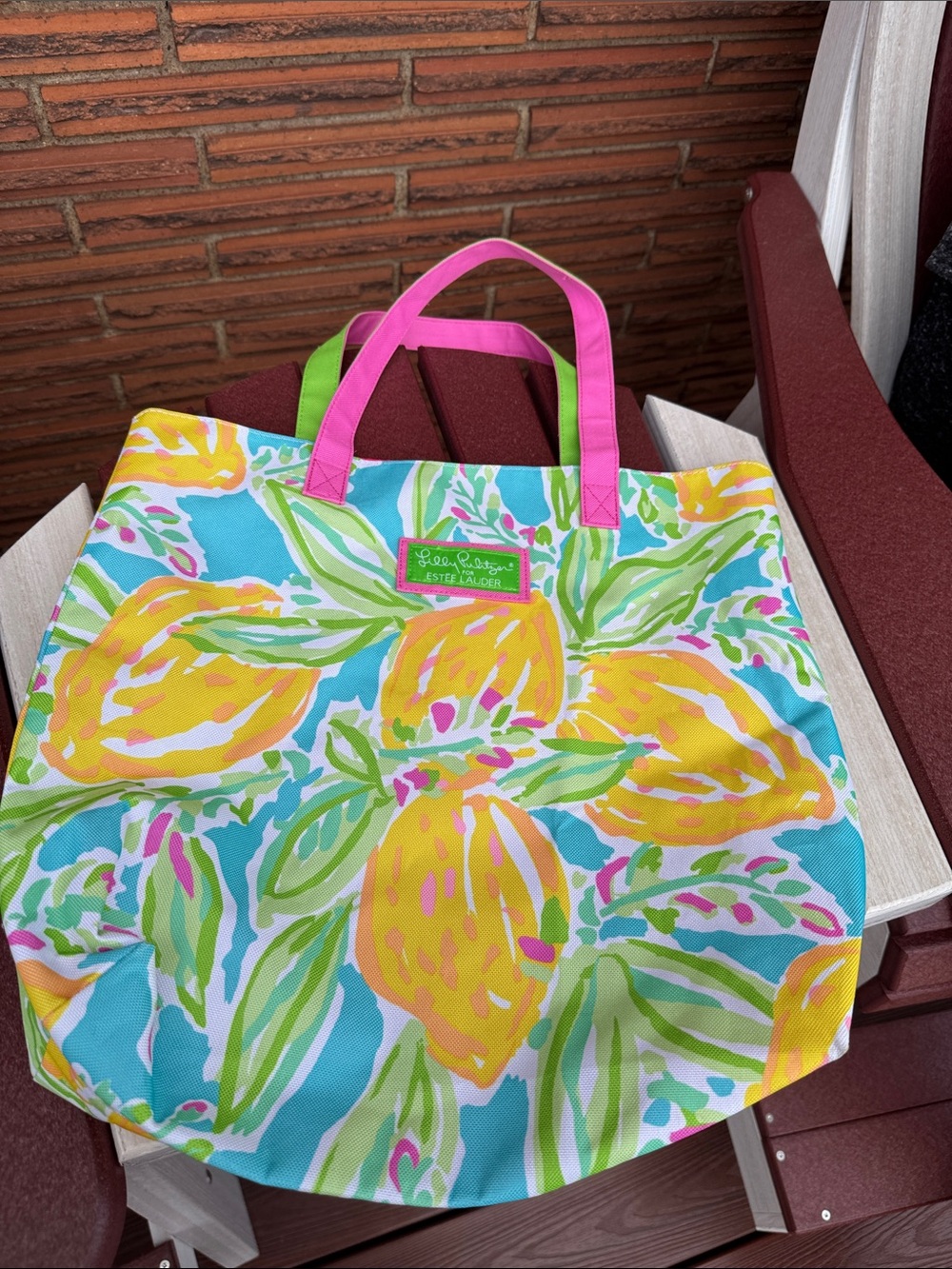 Lilly Pulitzer Turquoise Lemon Print Tote with Pink Handles